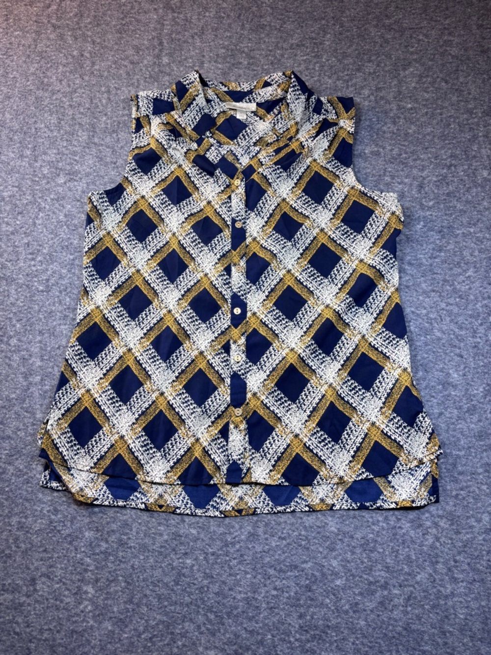 dressbarn Navy, Mustard & White Sleeveless Geometric Button Front Blouse
